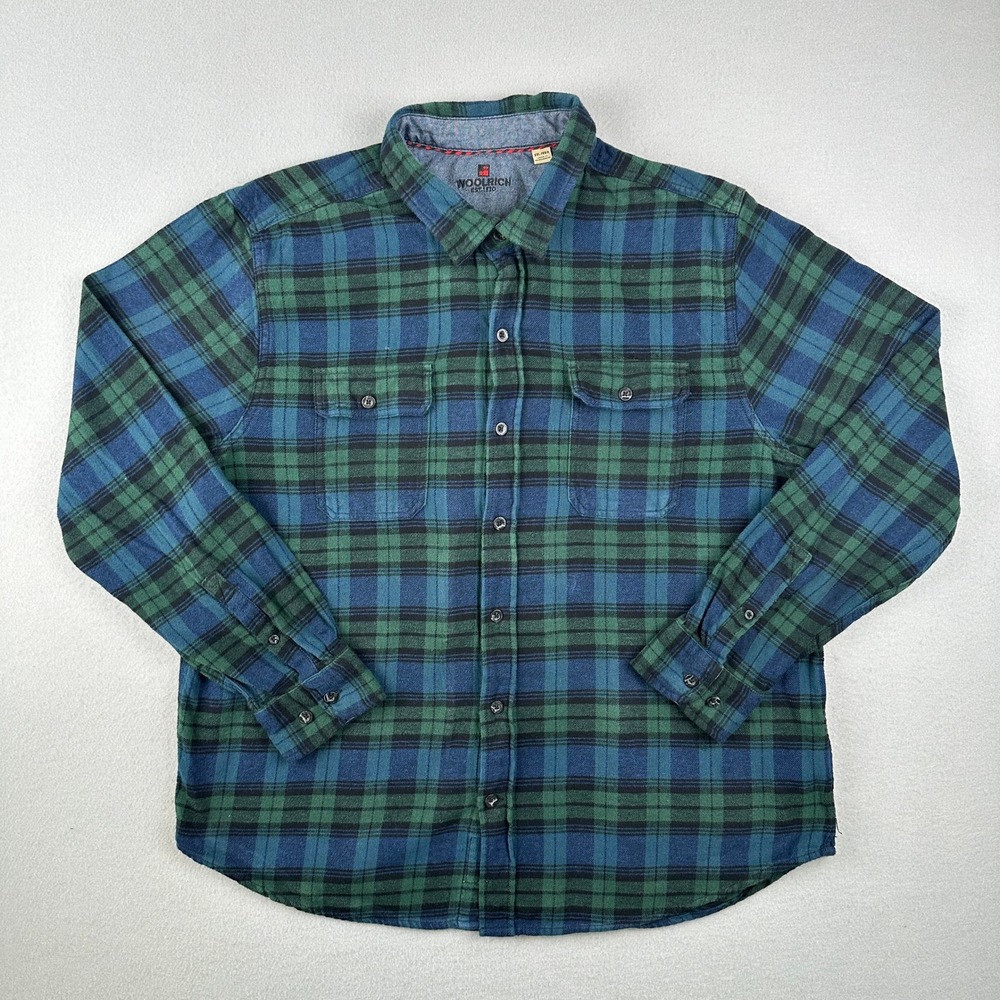 Woolrich Flannel Shirt Mens XXL Green Blue Plaid Long Sleeve Button Down Pocket